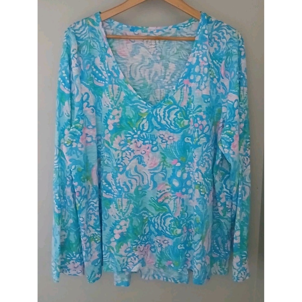 Lilly Pulitzer Etta V-Neck Top Size XXL Floral Cotton Lightweight Resort Coastal